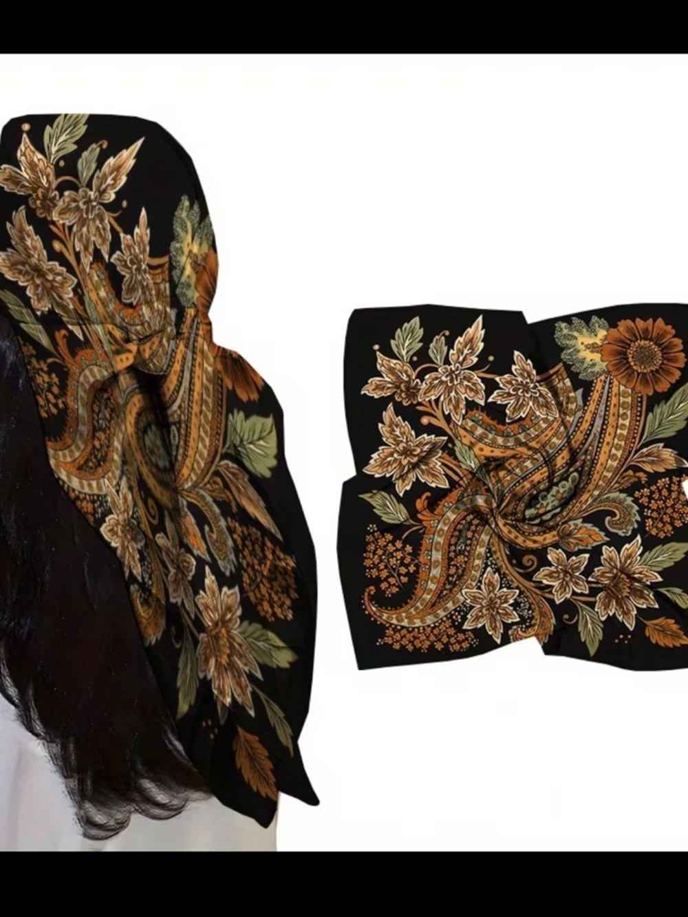 Black Floral Square Scarf with Orange and Green Accents